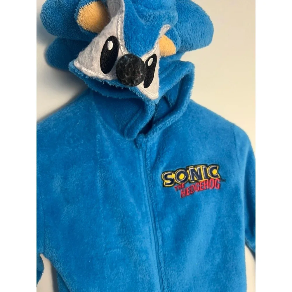 H&M Sonic the‎ Hedgehog Blue Fleece Hooded One Piece Pajama Union Suit Kids 6X 7